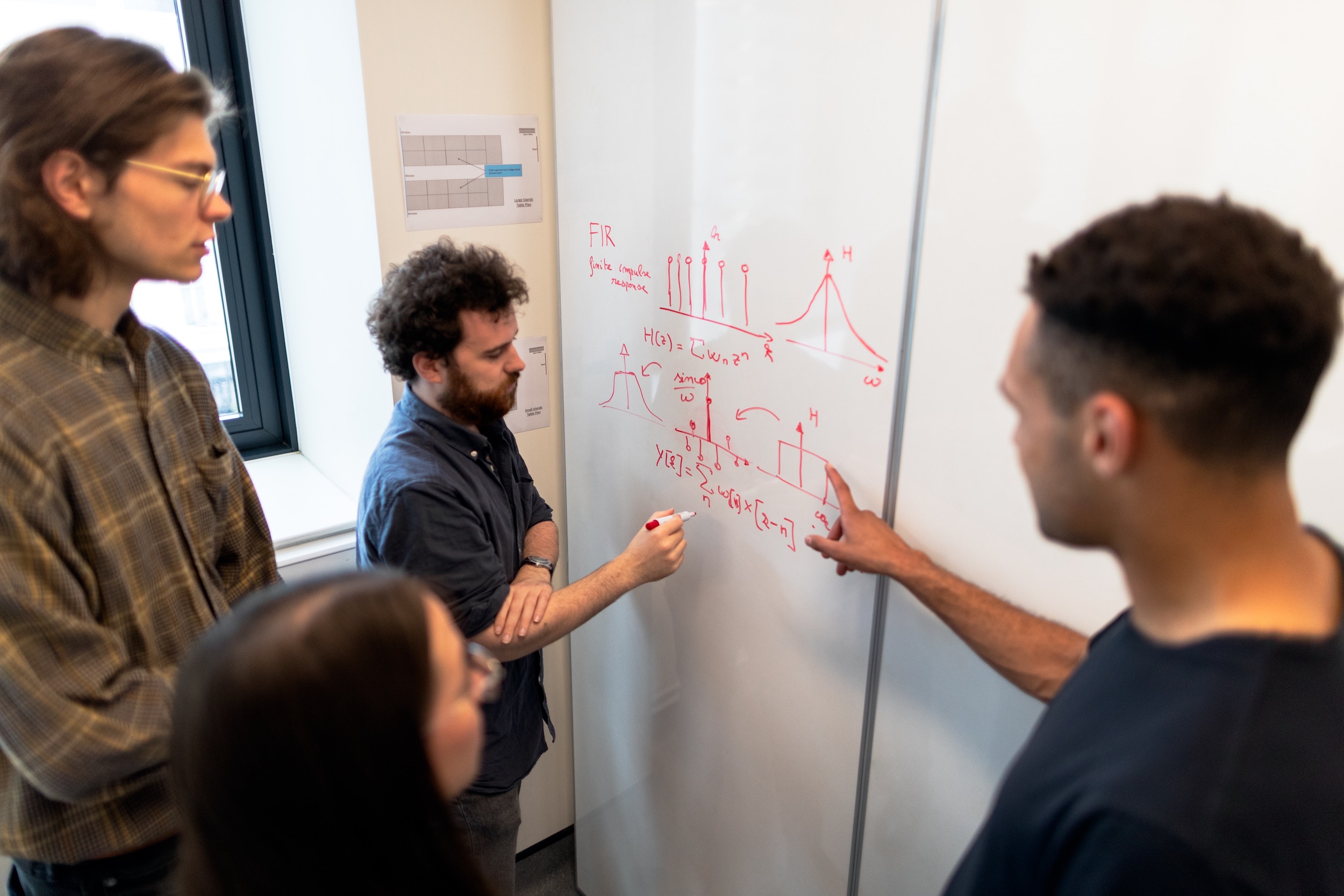 Men and woman are standing in front of a whiteboard discussing something